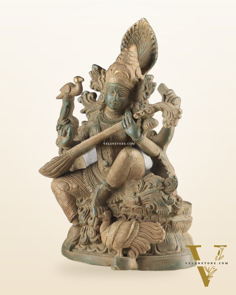 Vintage Saraswati brass idol 11 inches