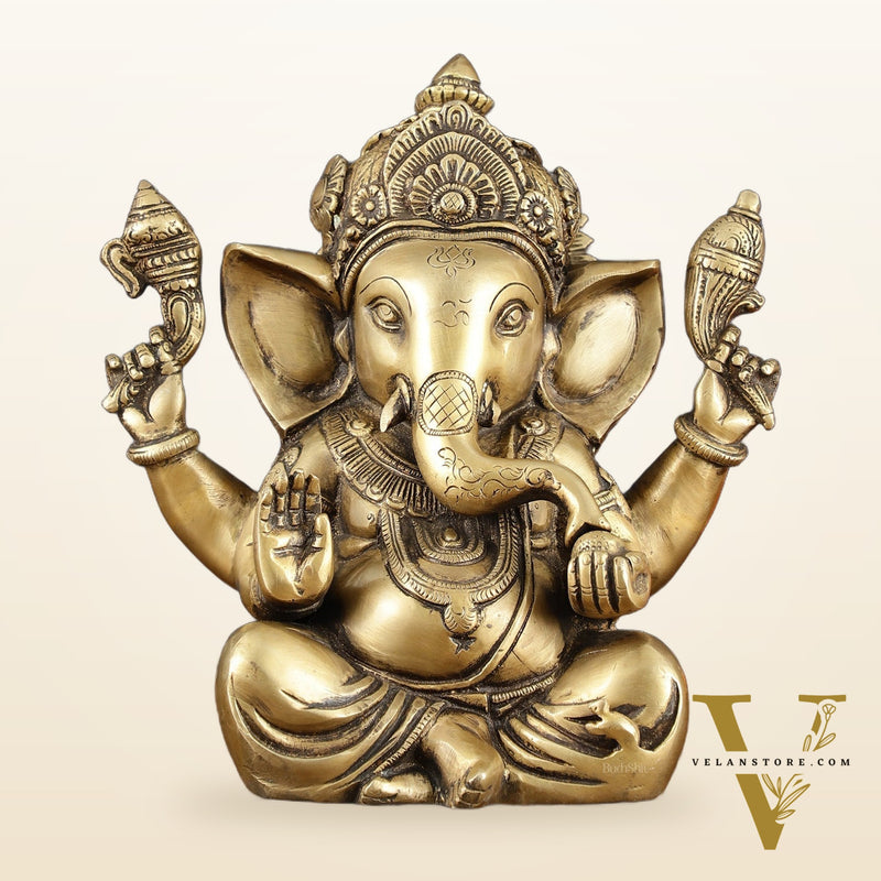 Vintage Taj Ganesha Statue - Handcrafted Brass 9" Height