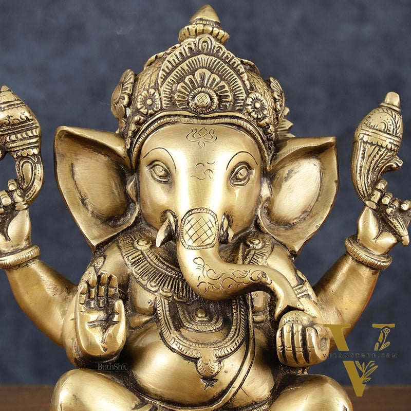 Vintage Taj Ganesha Statue - Handcrafted Brass 9" Height