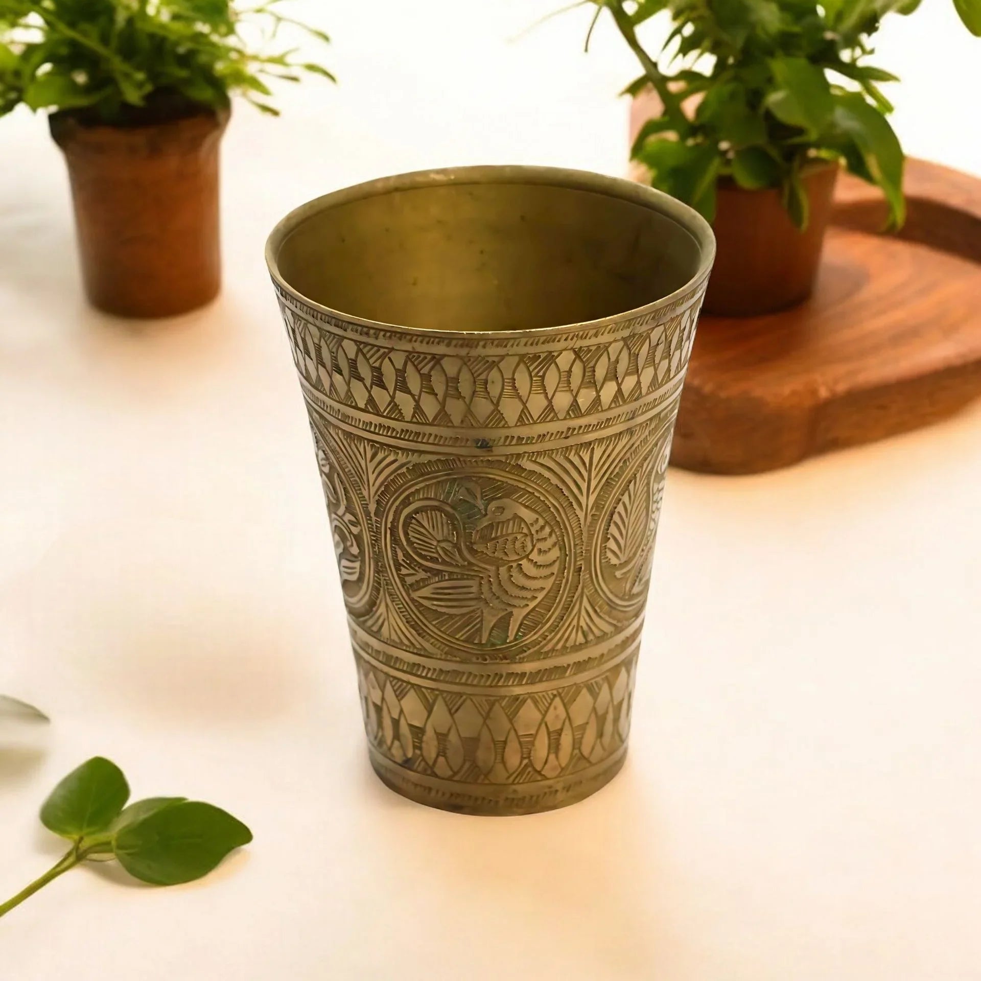 vintage brass lassi glass with unique carving design