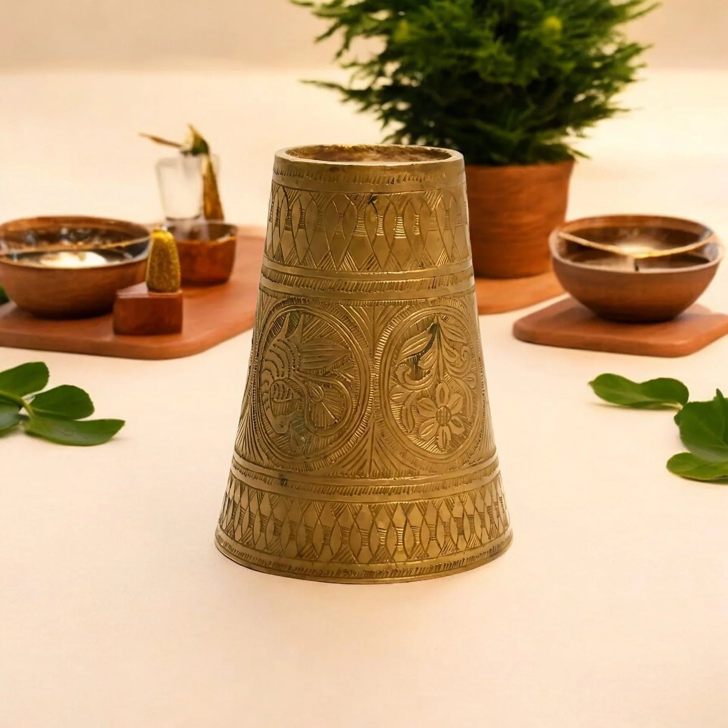 vintage brass lassi glass with unique carving design