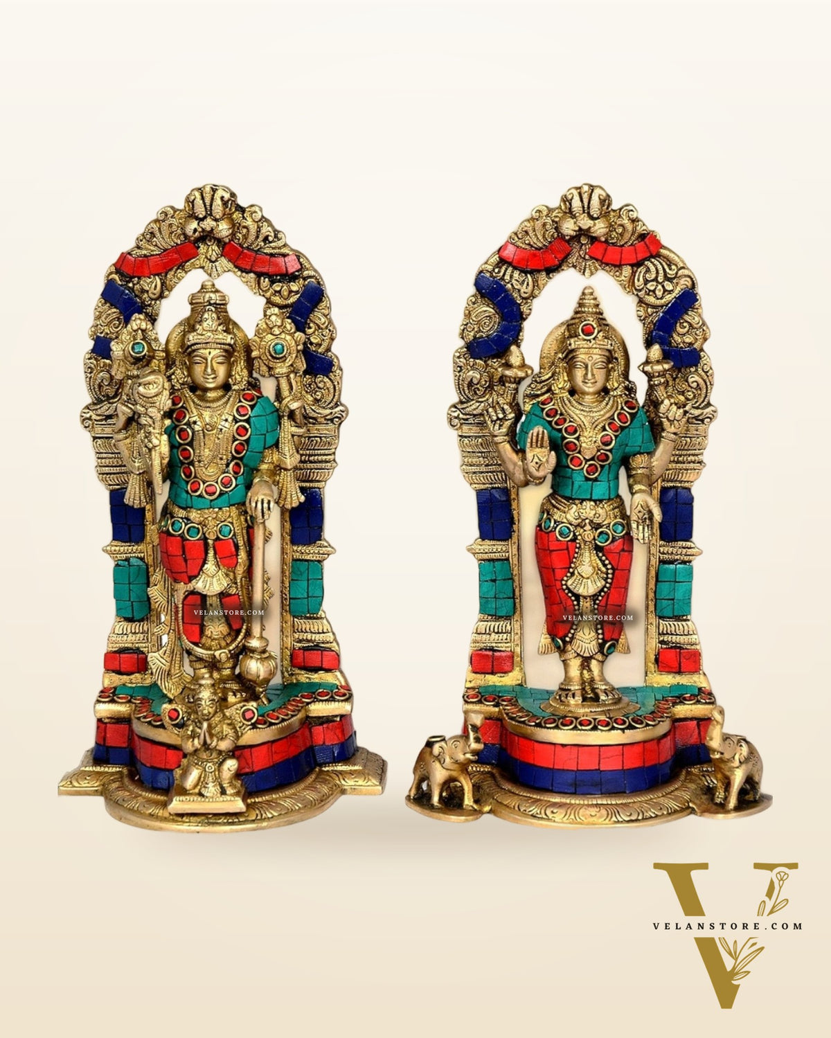 Vishnu Lakshmi Brass idols 9 inch stonework