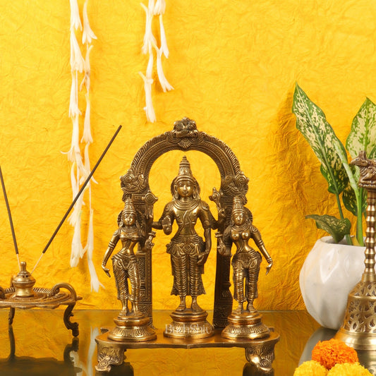 Vishnu with Bhudevi and Sridevi Brass statue with Prabhavali 10 inch
