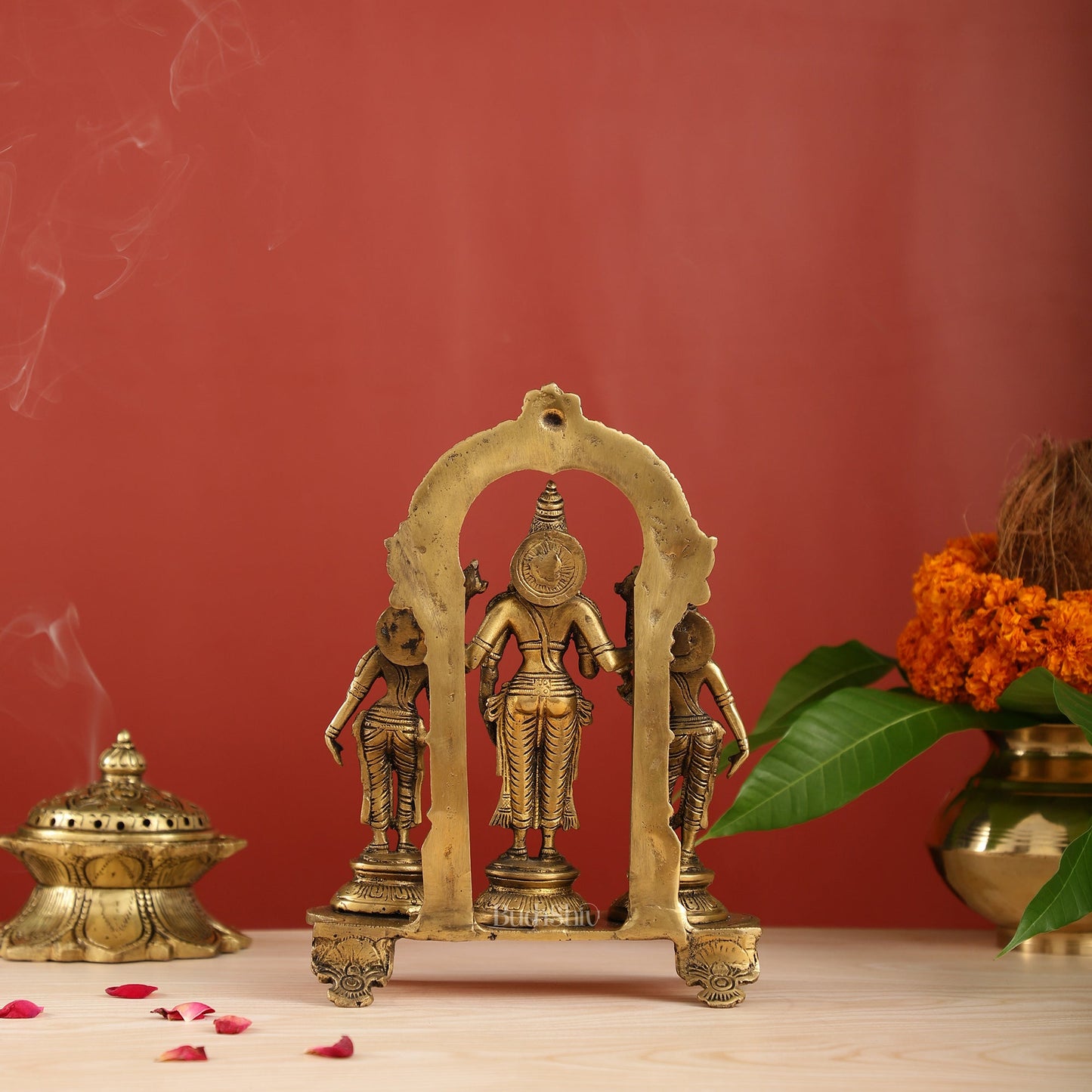 Vishnu with Bhudevi and Sridevi Brass statue with Prabhavali 10 inch