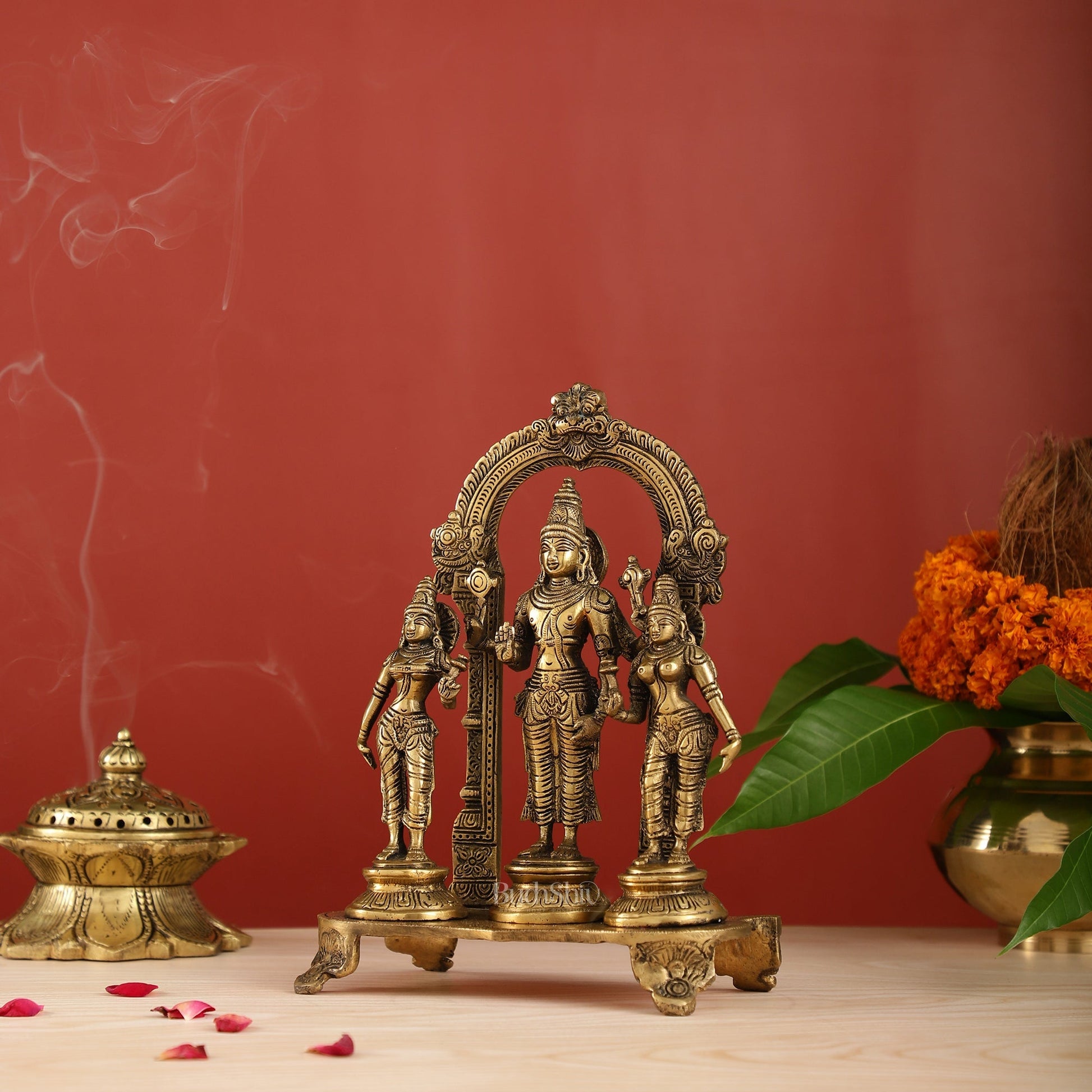 Vishnu with Bhudevi and Sridevi Brass statue with Prabhavali 10 inch