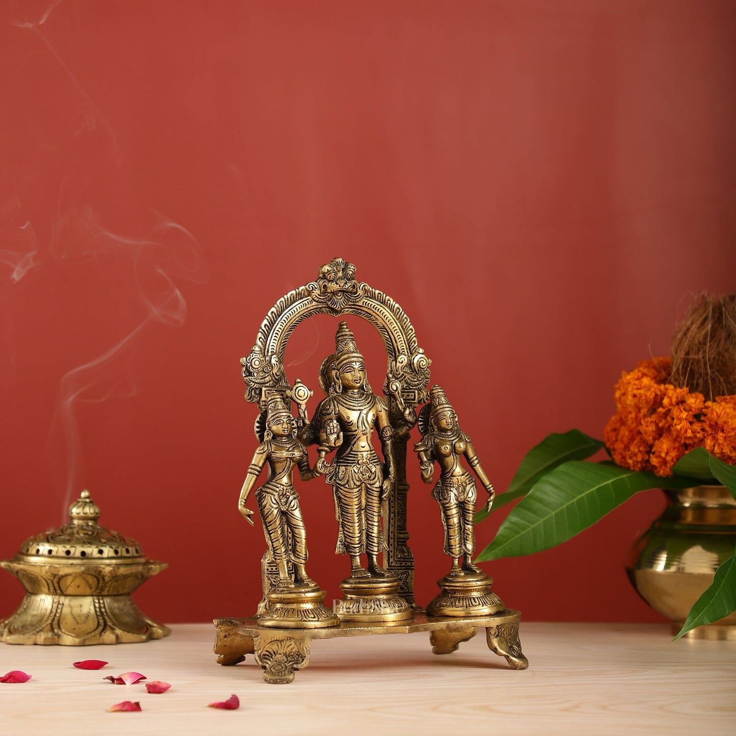 Vishnu with Bhudevi and Sridevi Brass statue with Prabhavali 10 inch