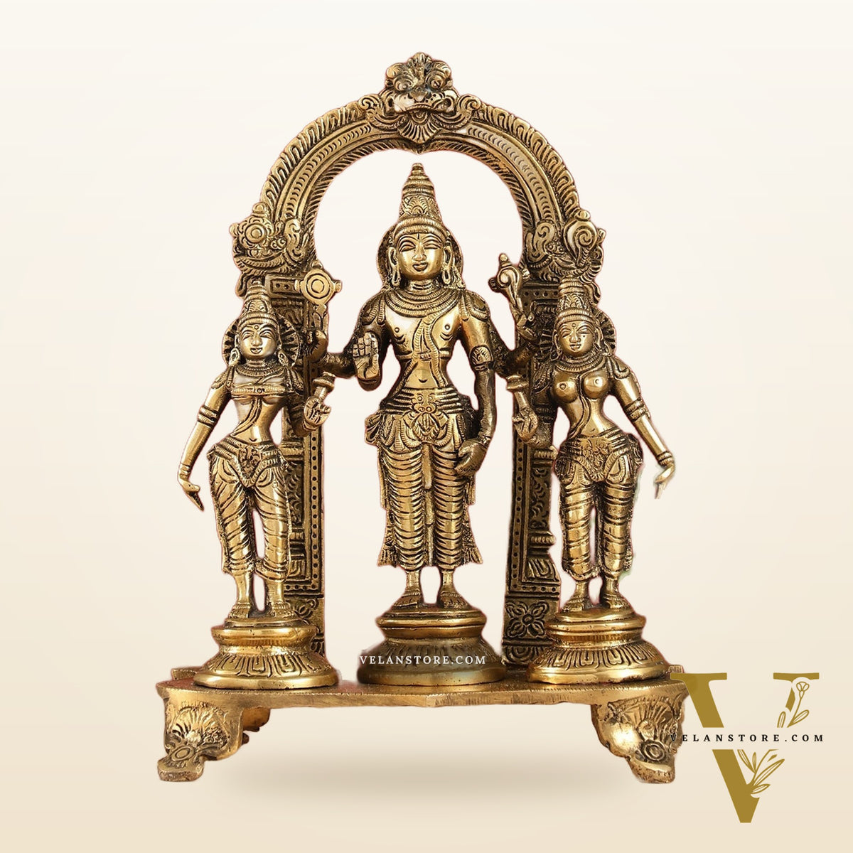 Vishnu with Bhudevi and Sridevi Brass statue with Prabhavali 10 inch