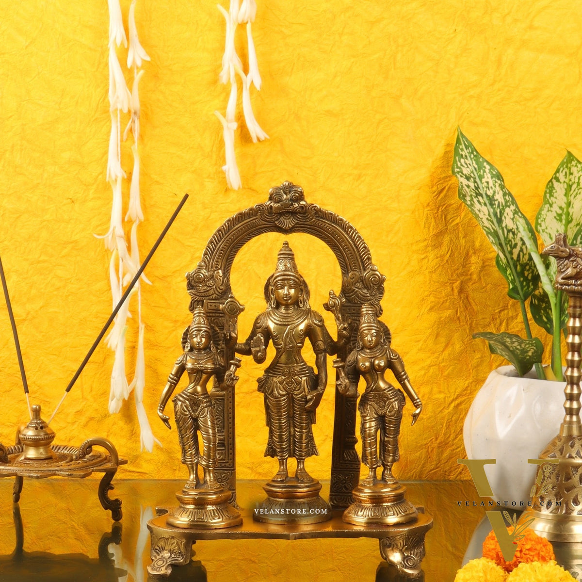 Vishnu with Bhudevi and Sridevi Brass statue with Prabhavali 10 inch