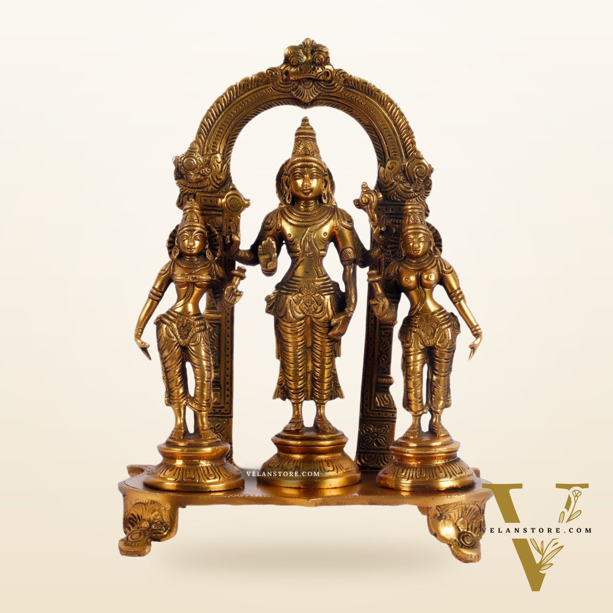 Vishnu with Bhudevi and Sridevi Brass statue with Prabhavali 10 inch