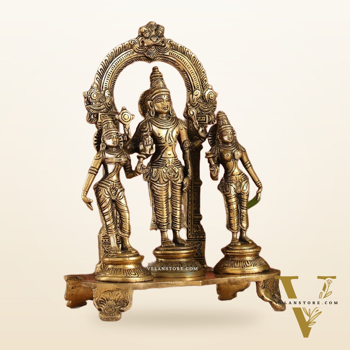 Vishnu with Bhudevi and Sridevi Brass statue with Prabhavali 10 inch