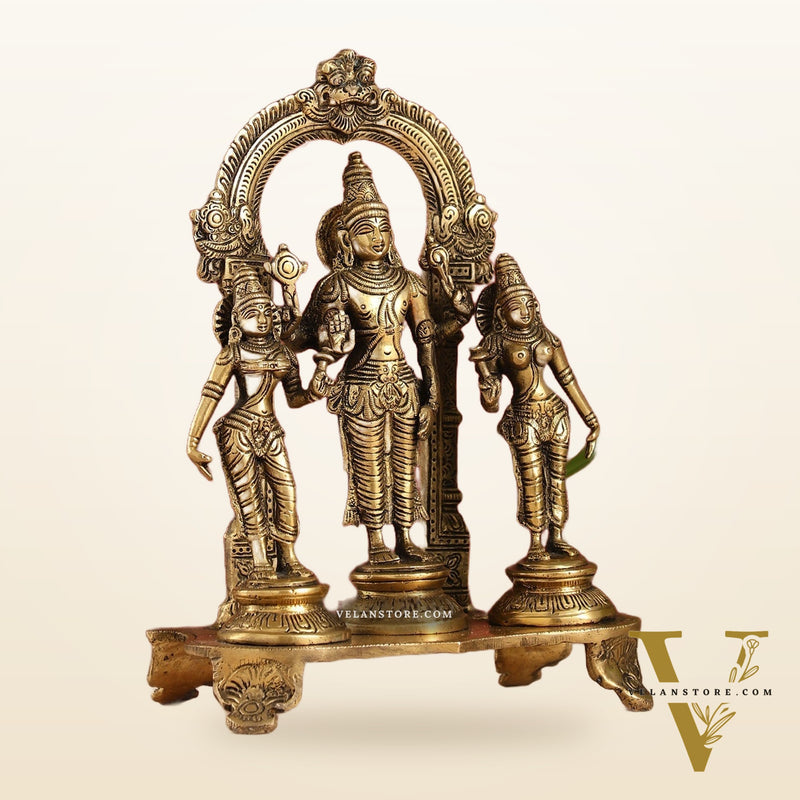 Vishnu with Bhudevi and Sridevi Brass statue with Prabhavali 10 inch