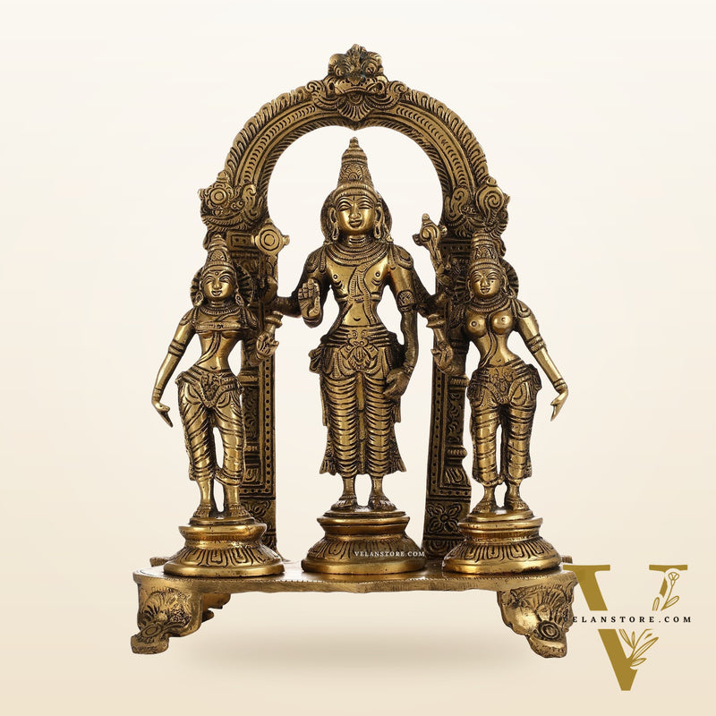 Vishnu with Bhudevi and Sridevi Brass statue with Prabhavali 10 inch