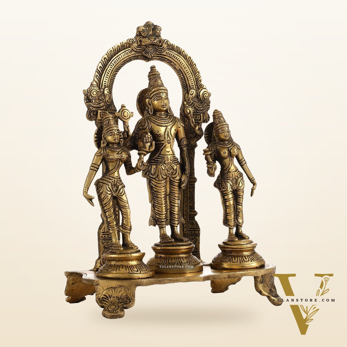Vishnu with Bhudevi and Sridevi Brass statue with Prabhavali 10 inch