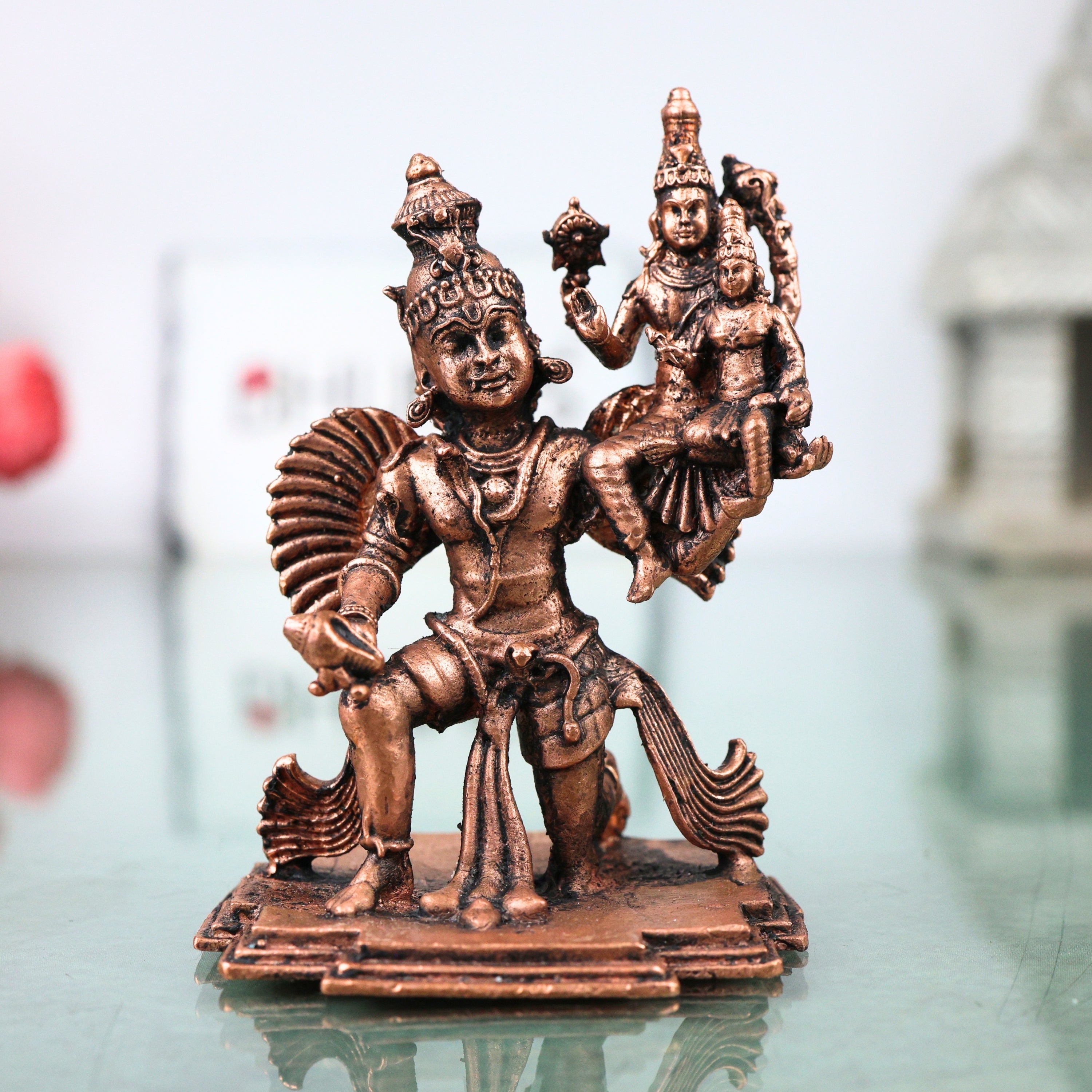 Copper Vishnu Lakshmi Garuda Murti Tamra Garudavahana Narayana Perumal Idol Pooja Vigraha Statue, Brown, 3 Inch, 1 Piece