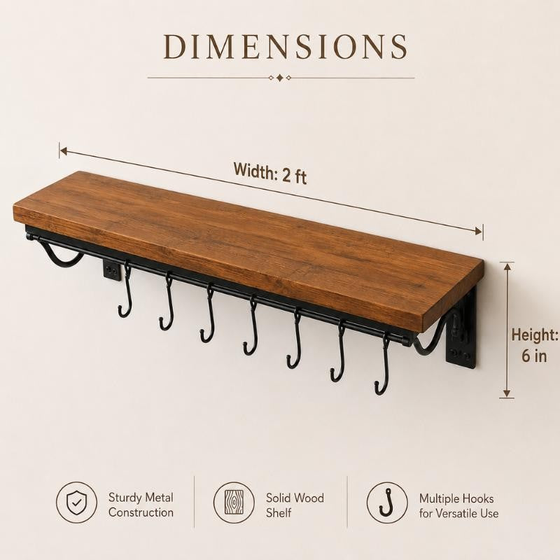 Wall Mounted Pot & Pan Rack with Wooden Shelf – Rustic Kitchen Organizer with Hooks