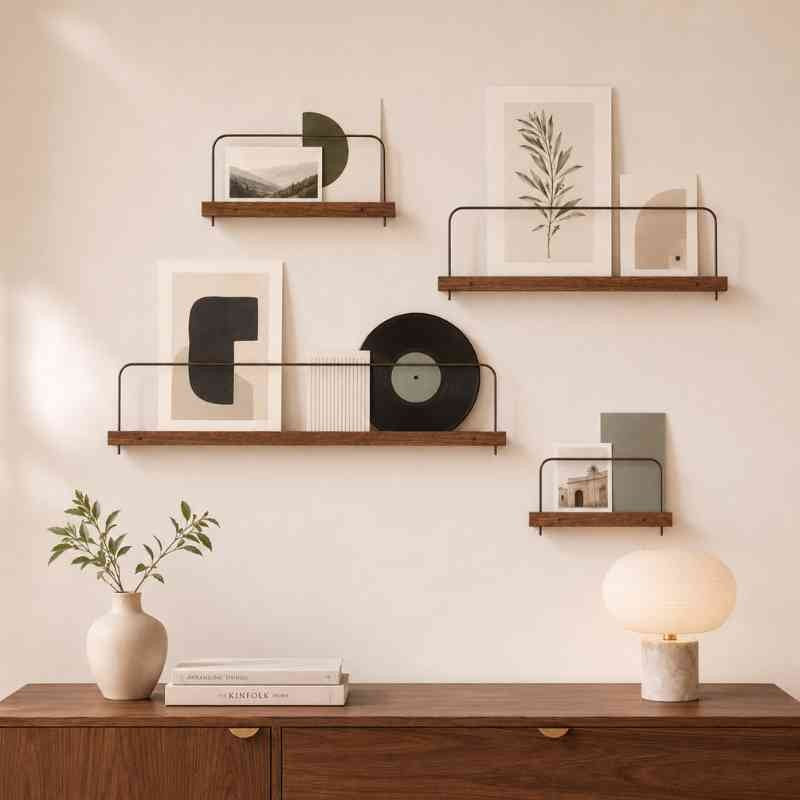 Acacia Wood Picture Ledge Wall Shelves with Steel Bar – Photo, Polaroid & Postcard Display (Set of 4, Brown)
