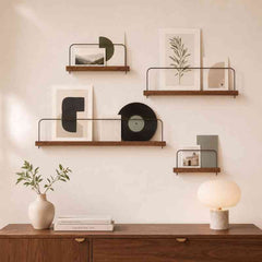 Acacia Wood Picture Ledge Wall Shelves with Steel Bar – Photo, Polaroid & Postcard Display (Set of 4, Brown)