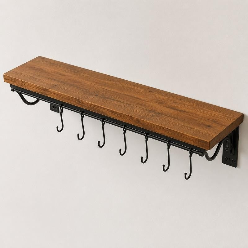 Wall Mounted Pot & Pan Rack with Wooden Shelf – Rustic Kitchen Organizer with Hooks