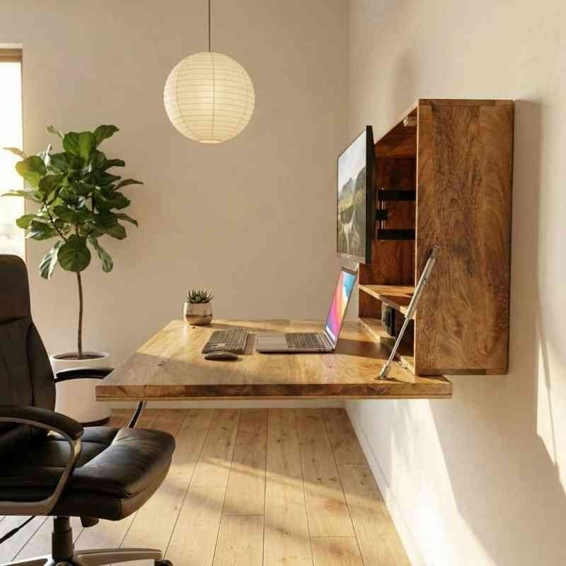 Solid Wood Fold Down Wall Mounted Desk with Personalized Photo Frame