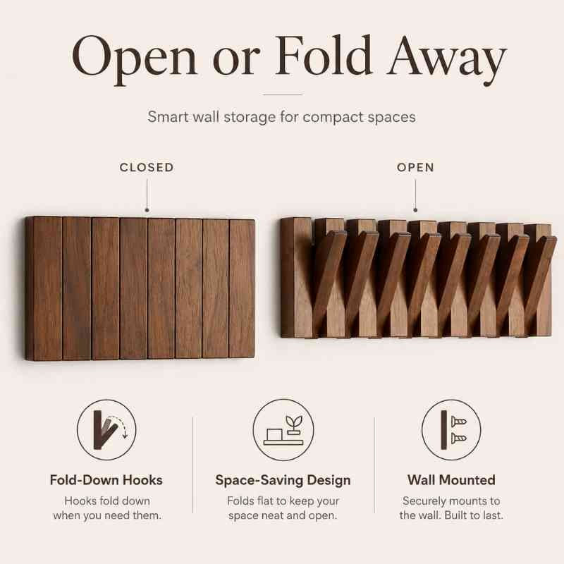 Acacia Wood Foldable Wall Hook Rack – Flip-Down Coat, Suit & Key Hanger (Space-Saving)