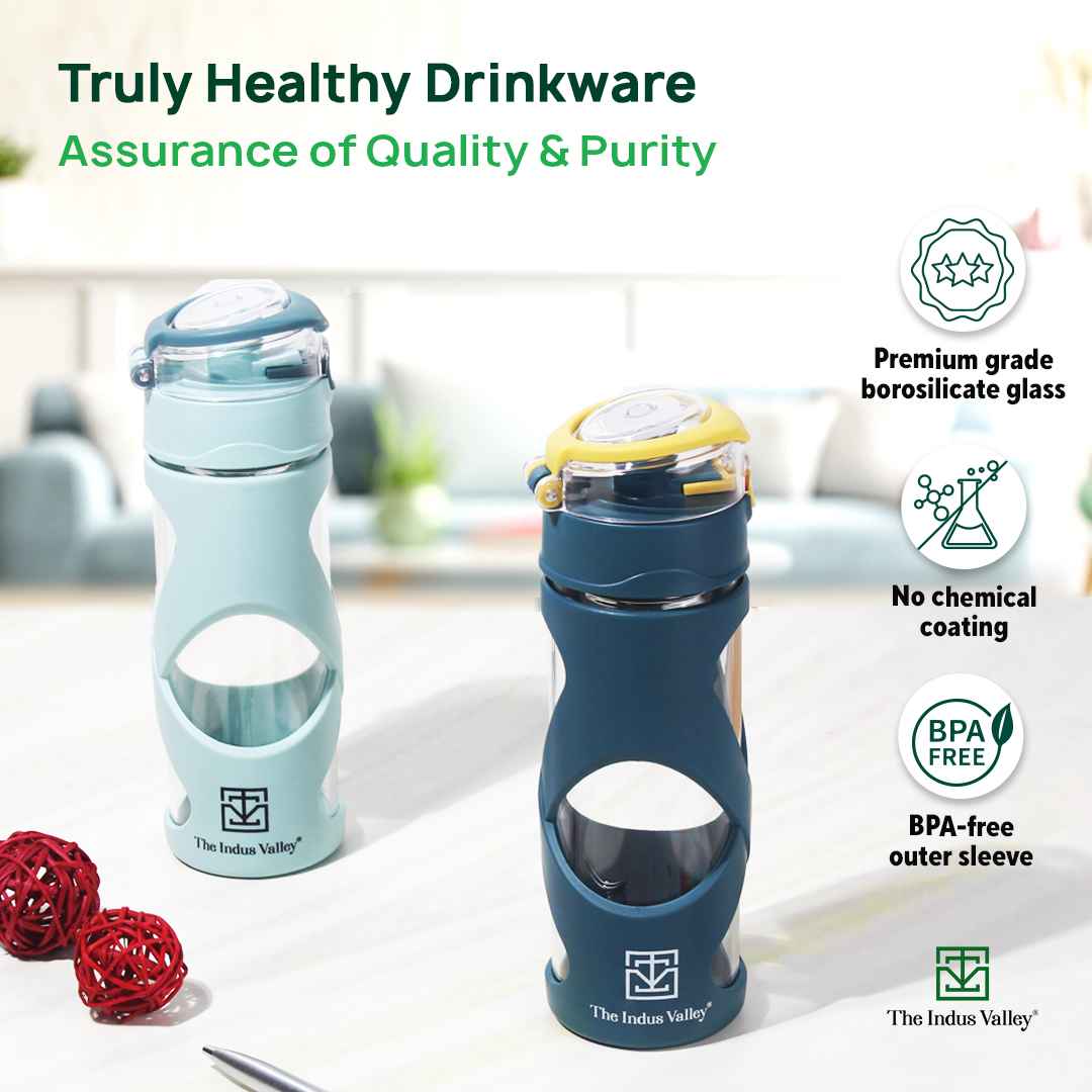 Premium Pro-hydro Borosilicate Glass Bottle | 500ml | Removable Filter | Dark blue, Light blue