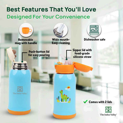 Premium Stainless Steel Vacuum Insulated School Kid Water Bottle, Silicone Sippy & Bag,Leakproof Lid