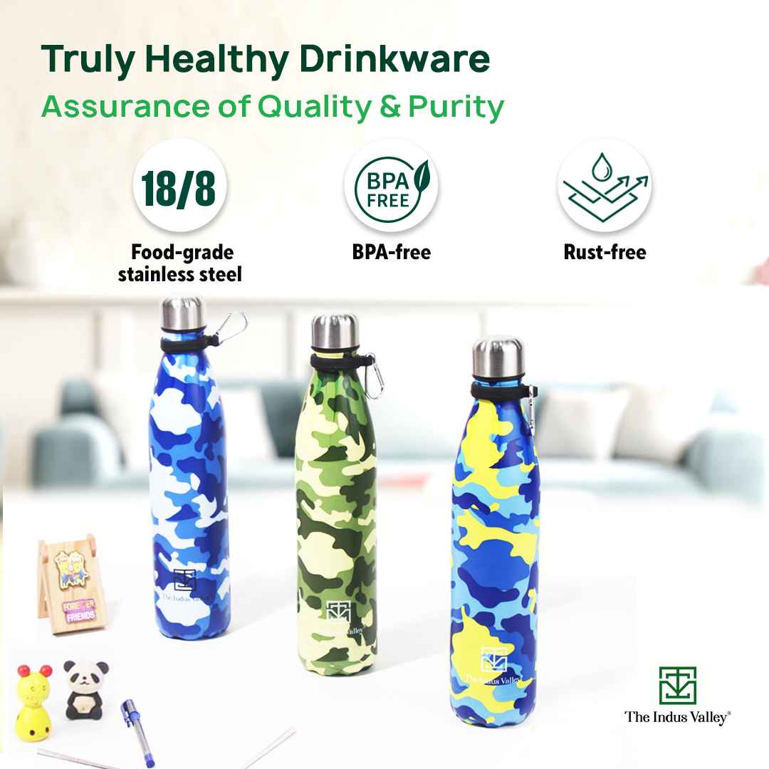 Premium Stainless Steel Camo Printed Vacuum Insulated Water Bottles, Cola Shaped, 1 Litre