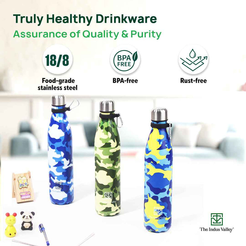 Premium Stainless Steel Camo Printed Vacuum Insulated Water Bottles, Cola Shaped, 1 Litre