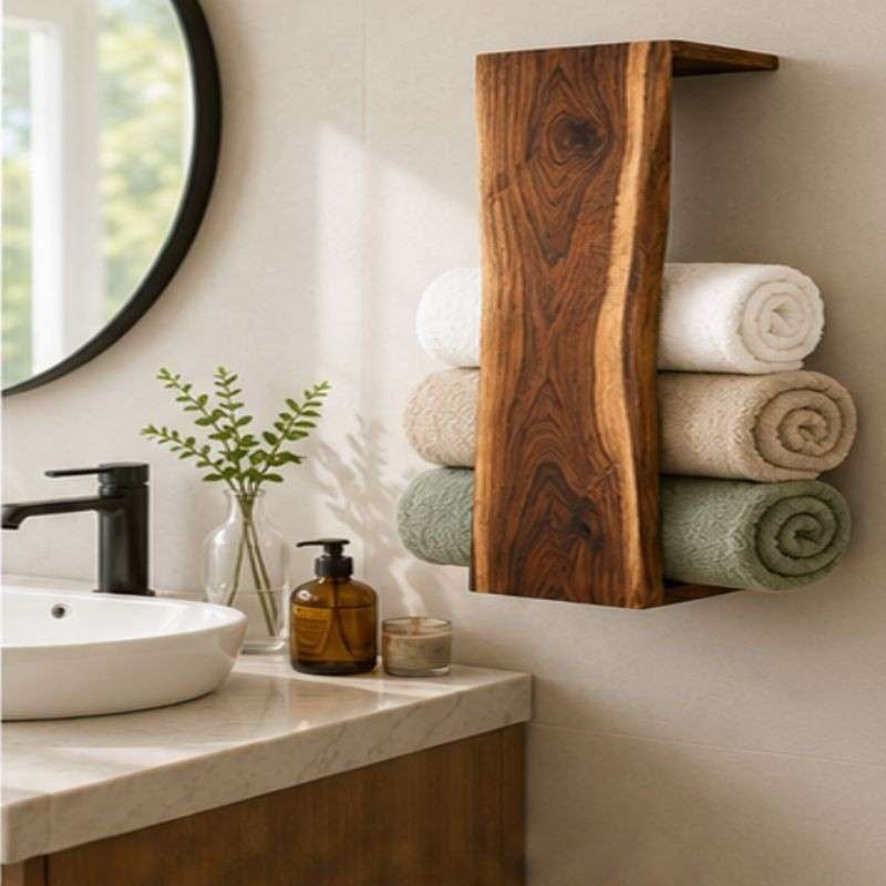 Waterfall Live Edge Wooden Blanket Holder, Decorative Bathroom Towel Rack, Wall Bookshelf