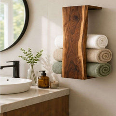 Waterfall Live Edge Wooden Blanket Holder, Decorative Bathroom Towel Rack, Wall Bookshelf