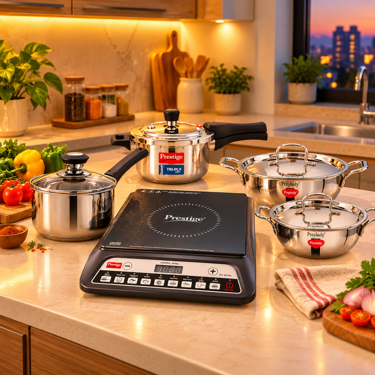 Induction Kitchen Starter Combo | Prestige PIC 20 Neo 1600 W Induction Cooktop + Prestige Svachh Triply 3 L Cooker + Praylady Triplus+ Triply Kadai Set 22 & 24 cm + Praylady Ecstasy 3-Ply Base Saucepan-3