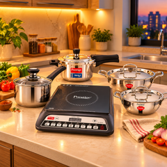 Induction Kitchen Starter Combo | Prestige PIC 20 Neo 1600 W Induction Cooktop + Prestige Svachh Triply 3 L Cooker + Praylady Triplus+ Triply Kadai Set 22 & 24 cm + Praylady Ecstasy 3-Ply Base Saucepan-3