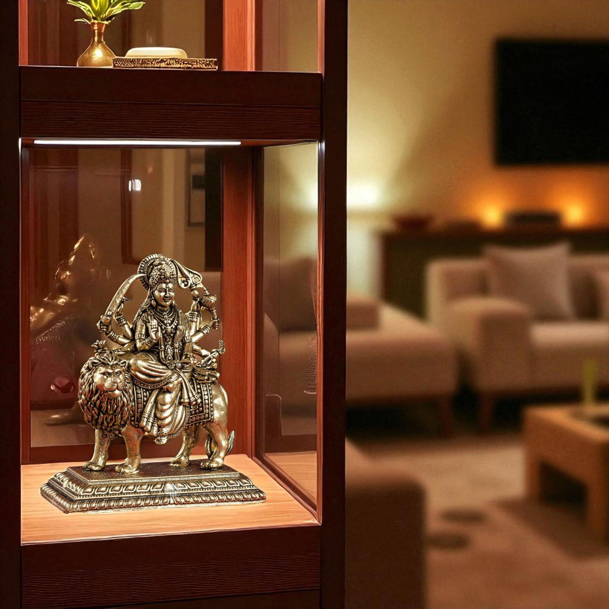 Pure Brass Durga Maa Sitting on Lion with Divine Weapons
