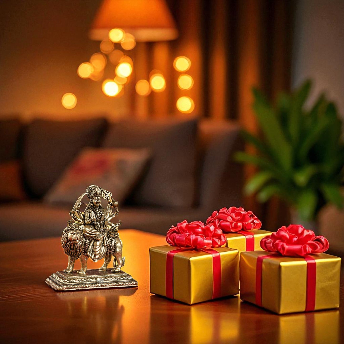 Pure Brass Durga Maa Sitting on Lion with Divine Weapons