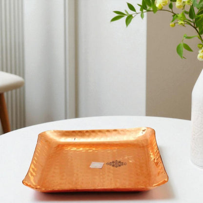 Handmade Pure Copper Square Tray with Hammered Design, Tableware, Serveware