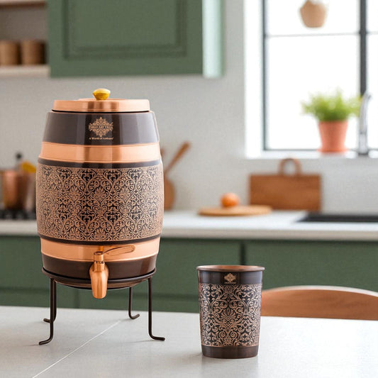 Pure Copper Embossed Design  Water Pot With Stand & Glass
