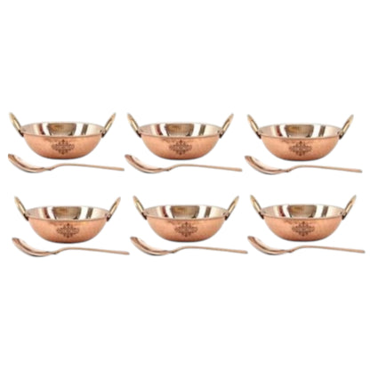 Pure Steel Copper Set of 6 Hammered Design Kadai Wok with Spoons