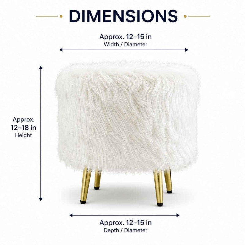 White Faux Gilded Ottoman Fur Pouff Stool | Fur Pouff Stool with Gold Legs for Modern Home Decor