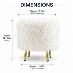 White Faux Gilded Ottoman Fur Pouff Stool | Fur Pouff Stool with Gold Legs for Modern Home Decor