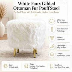 White Faux Gilded Ottoman Fur Pouff Stool | Fur Pouff Stool with Gold Legs for Modern Home Decor