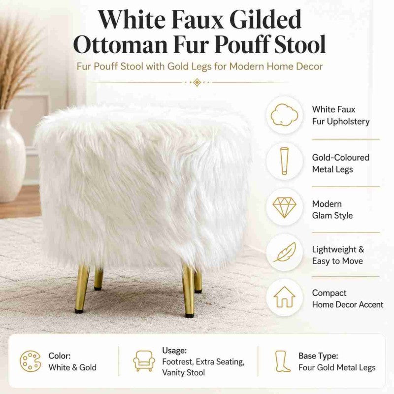 White Faux Gilded Ottoman Fur Pouff Stool | Fur Pouff Stool with Gold Legs for Modern Home Decor