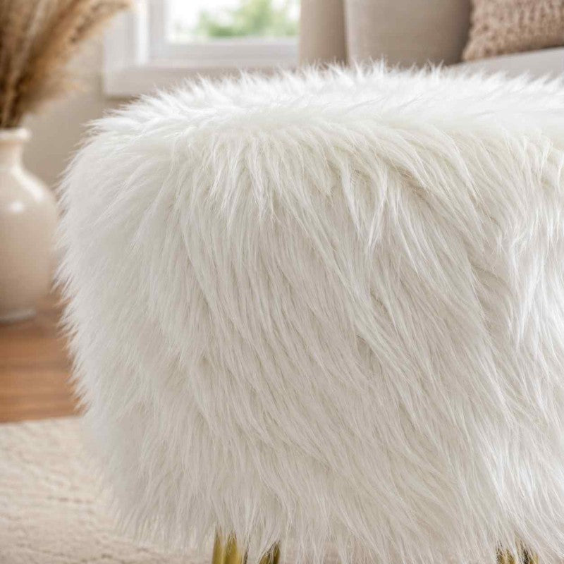 White Faux Gilded Ottoman Fur Pouff Stool | Fur Pouff Stool with Gold Legs for Modern Home Decor