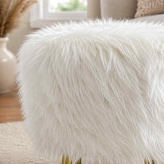 White Faux Gilded Ottoman Fur Pouff Stool | Fur Pouff Stool with Gold Legs for Modern Home Decor
