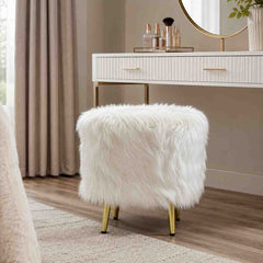 White Faux Gilded Ottoman Fur Pouff Stool | Fur Pouff Stool with Gold Legs for Modern Home Decor