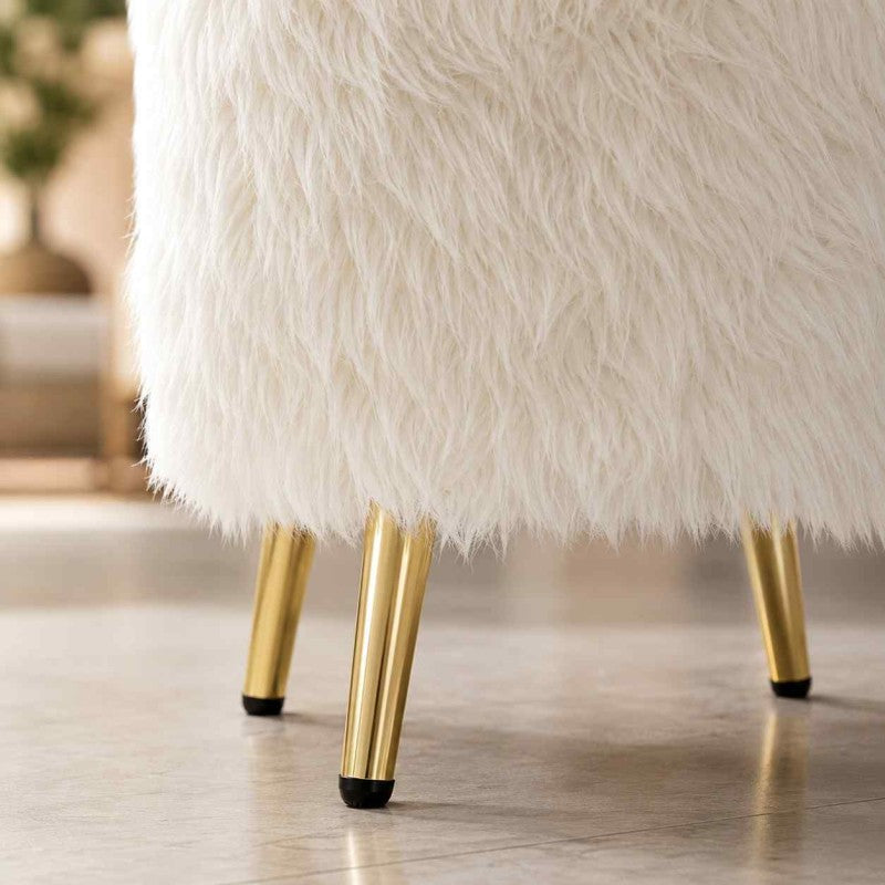 White Faux Gilded Ottoman Fur Pouff Stool | Fur Pouff Stool with Gold Legs for Modern Home Decor