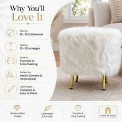 White Faux Gilded Ottoman Fur Pouff Stool | Fur Pouff Stool with Gold Legs for Modern Home Decor