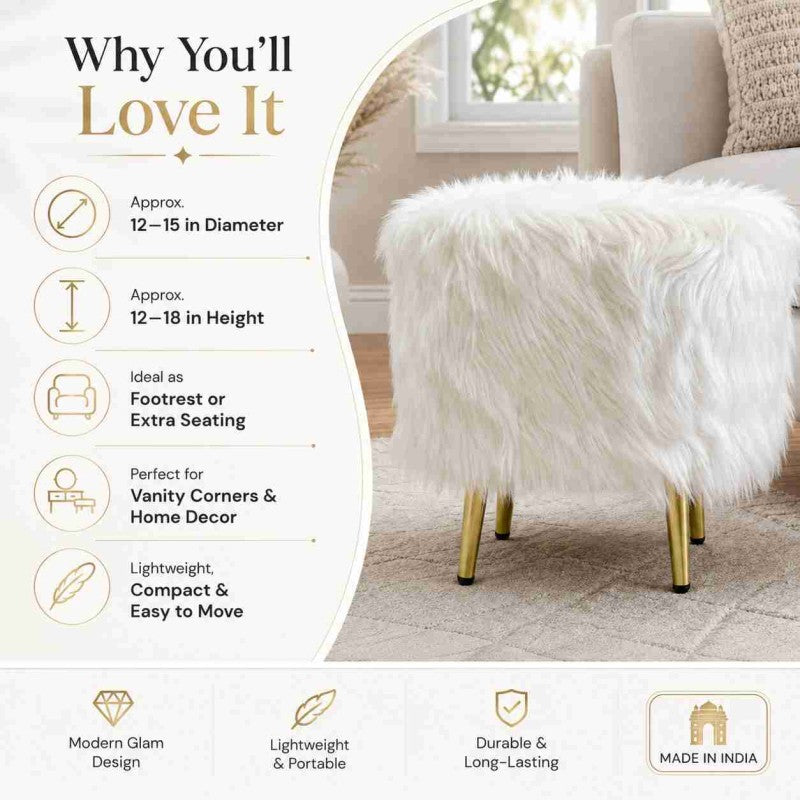 White Faux Gilded Ottoman Fur Pouff Stool | Fur Pouff Stool with Gold Legs for Modern Home Decor
