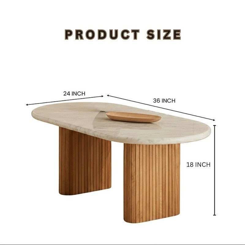 Oval Marble coffee table with Vertical Slatted Wooden Base – White Marble & Acacia Finish – 36x24 in – Modern Living Room Elegance
