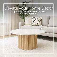 Round White Marble Coffee Table with Fluted Oak Wood Base – Modern Living Room Accent Furniture