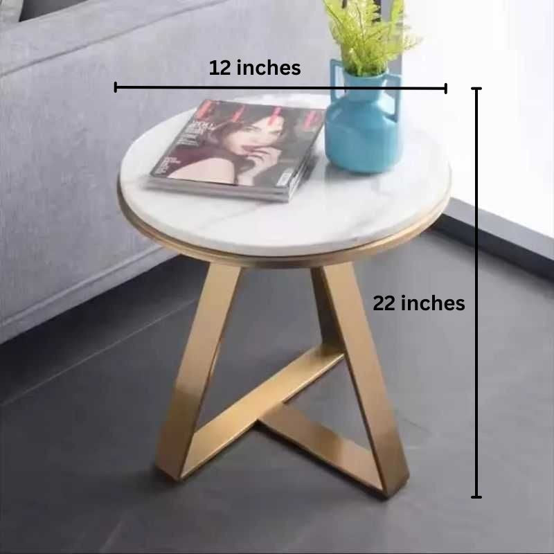 Elysia Side Table | White Marble Top with Gold Frame | Crisscross Base Design | Living Room & Bedroom Use